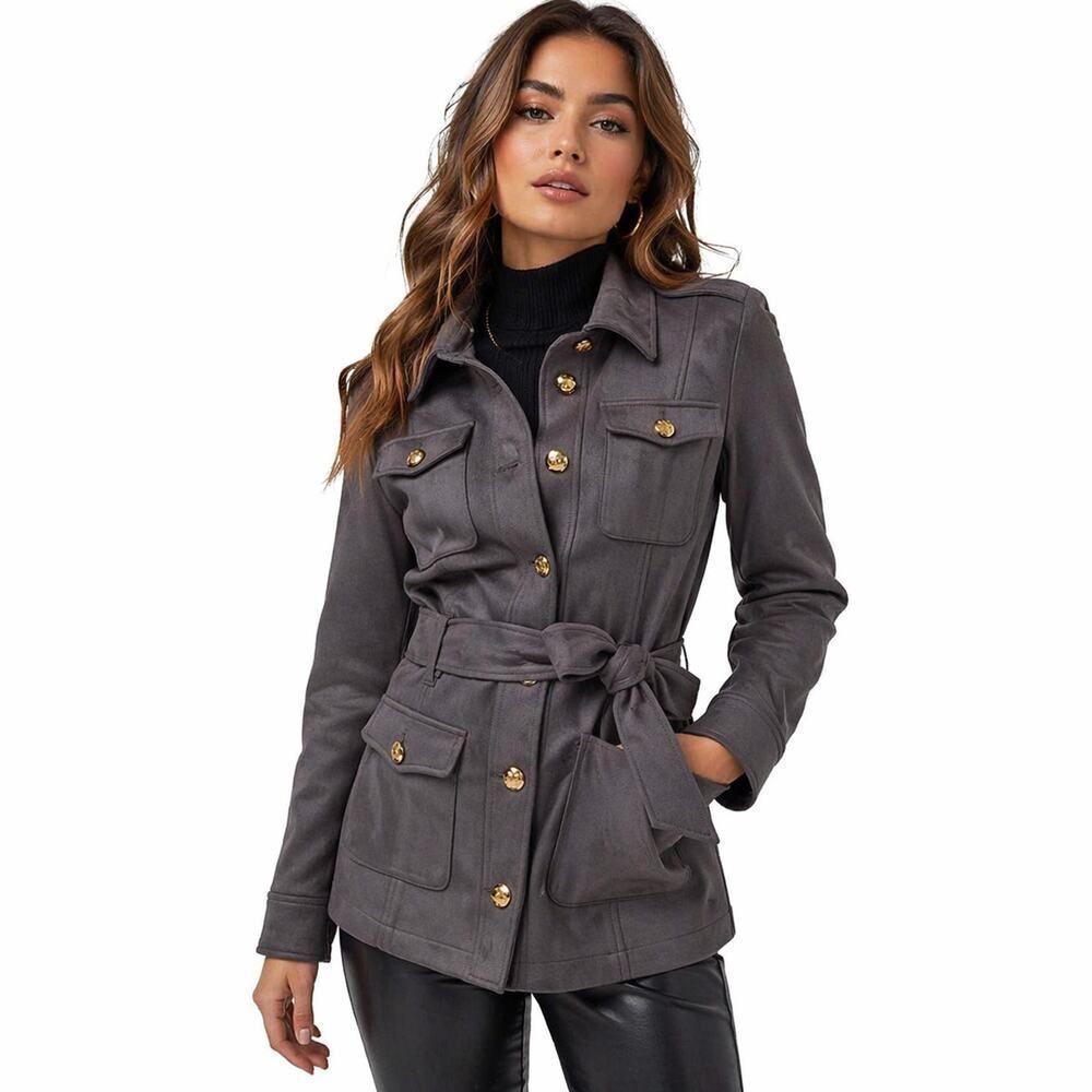 WHITE HOUSE BLACK MARKET Women's Faux Suede Safari Jacket Gray Size Small